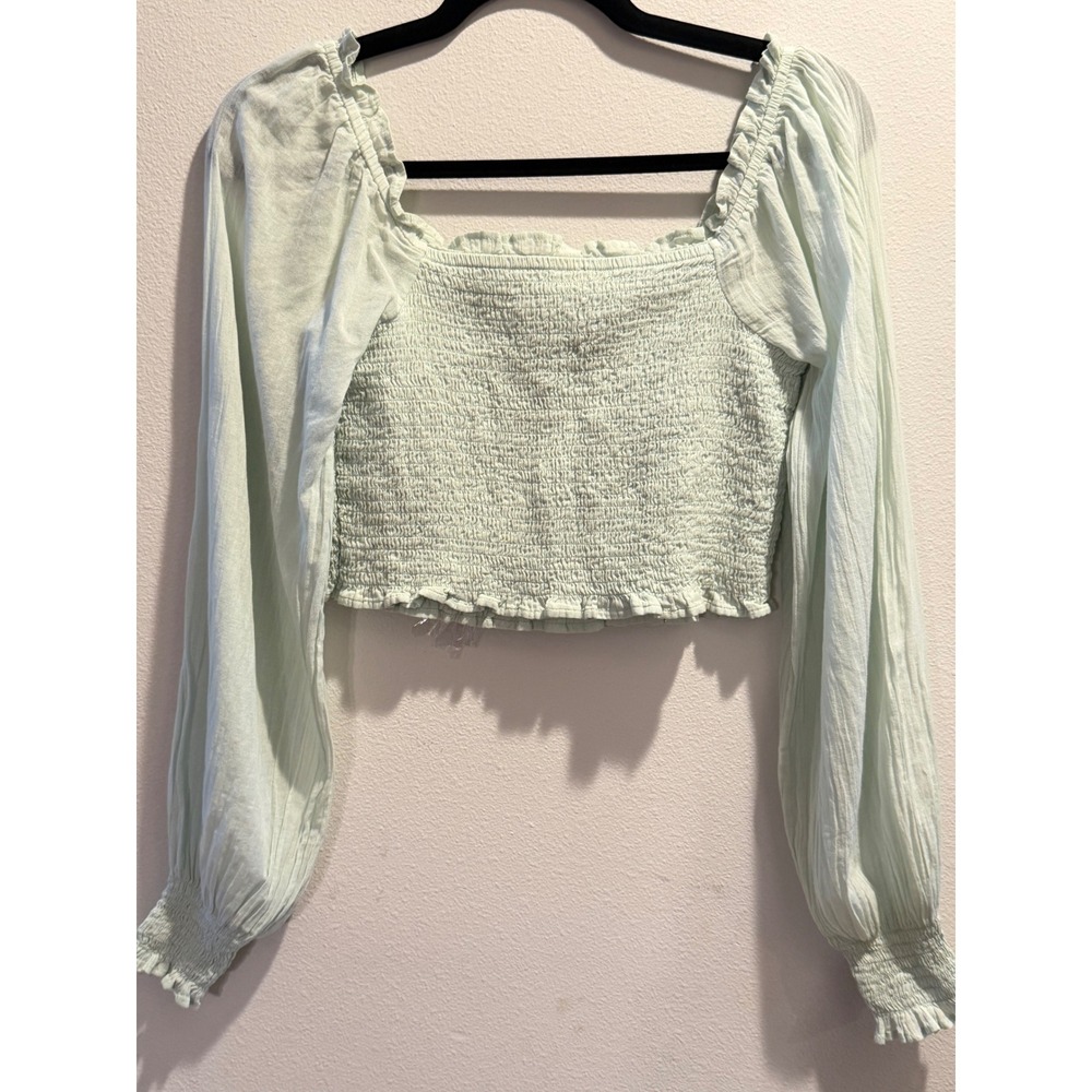 Aerie Light Green Smocked Crop Top Long Balloon Sleeve Ruffle Square Neck Small - Picture 4 of 5